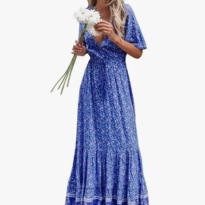 Boho Midi Dress | R.Vivimos Womens Cotton Blue Short Sleeve V Neck Floral Casual